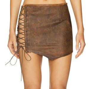 NEW 1XBLUE Leather Lace Up Mini Skirt in Brown Leather Medium M 1 x blue Revolve